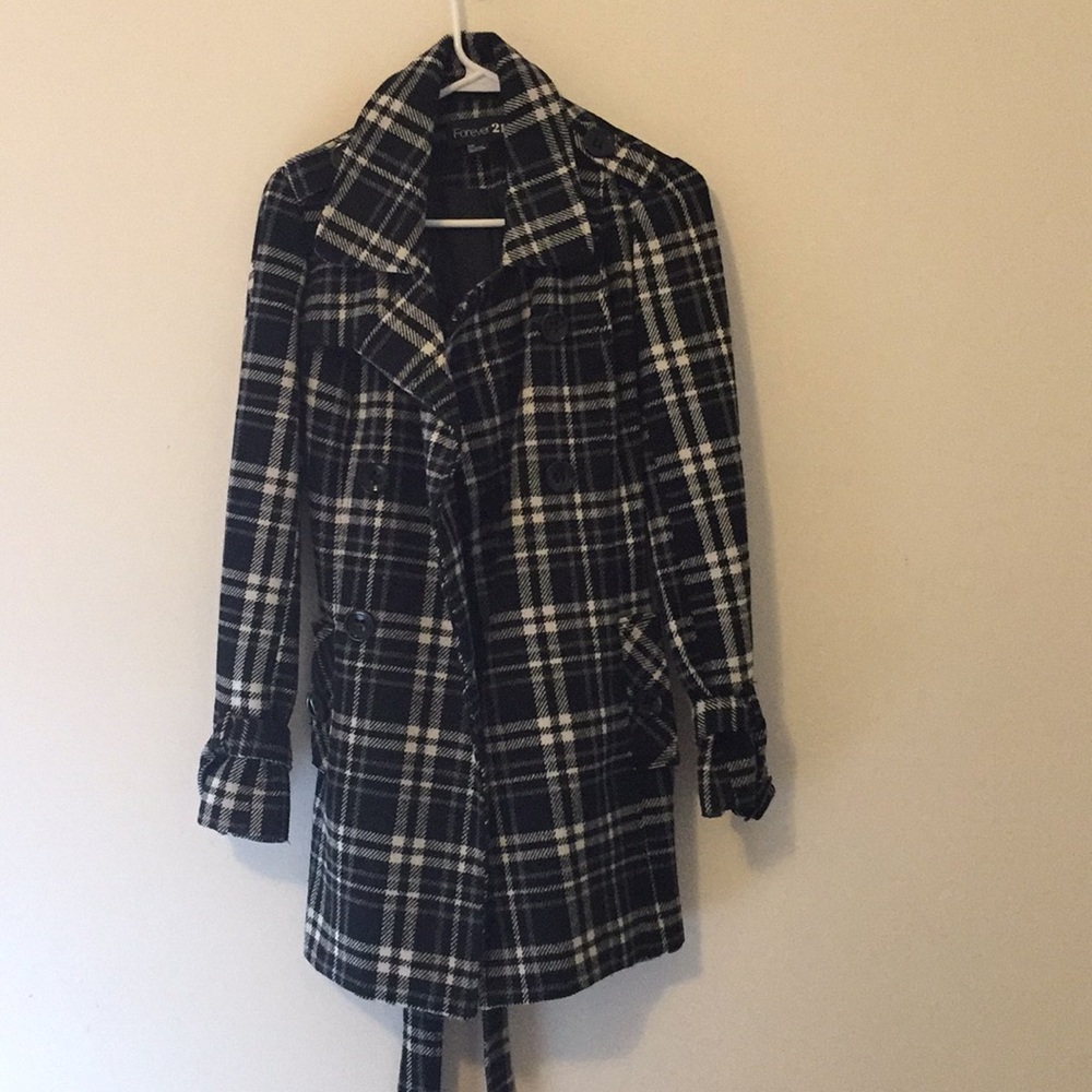 Black and white plaid peacoat